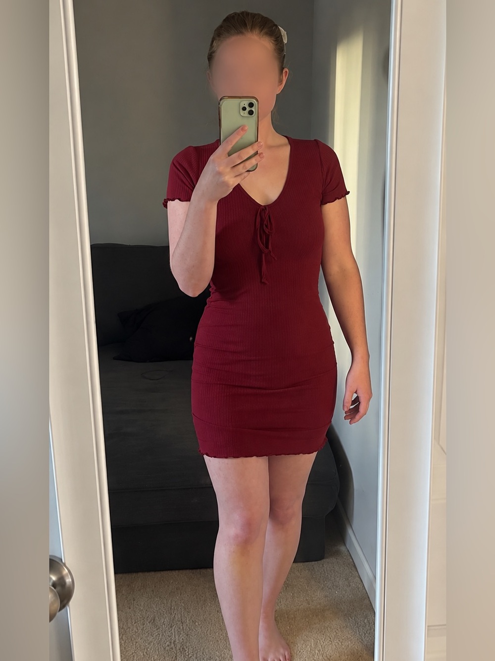 ALYA Red Ribbed Tie Front Bodycon Mini Dress Lettuce Hem Size L Y2K
